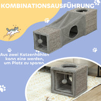 PawHut Katzentunnel, 2 Katzenhöhlen, Kratzflächen und Ballspielzeug, 98 cm x 30 cm x 30 cm, Braun + Grau – Produktabbildung 4