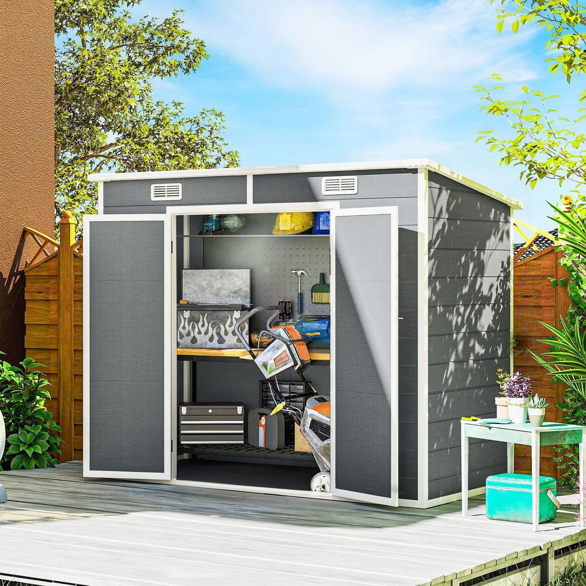 Outsunny 2,4 x 1,3 m Gartenschuppen, Kunststoff-Gartenhaus mit Boden, Fenster, verschließbare Türen, für – Produktabbildung 2