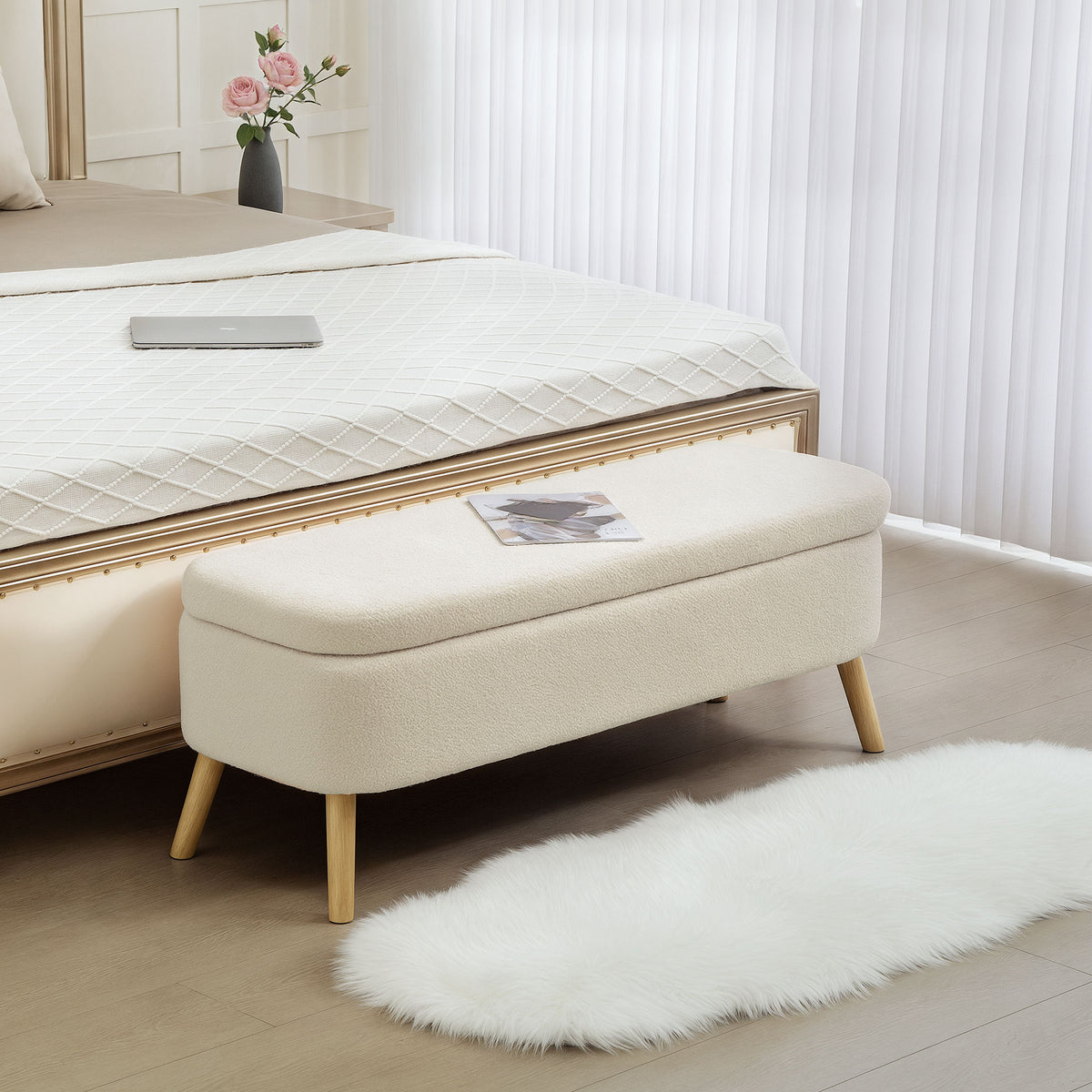 HOMCOM Aufbewahrungsbank, Sitzbank mit 65 L Stauraum, Teddy-Fleece-Stoff, Kautschukholz, 120 x 42 x 45 – Produktabbildung 2