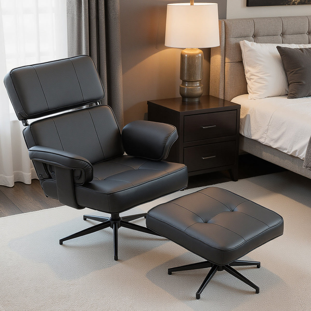 Adjustable recliner with footstool, faux leather upholstery, height-adjustable headrest, metal base, black (2)
