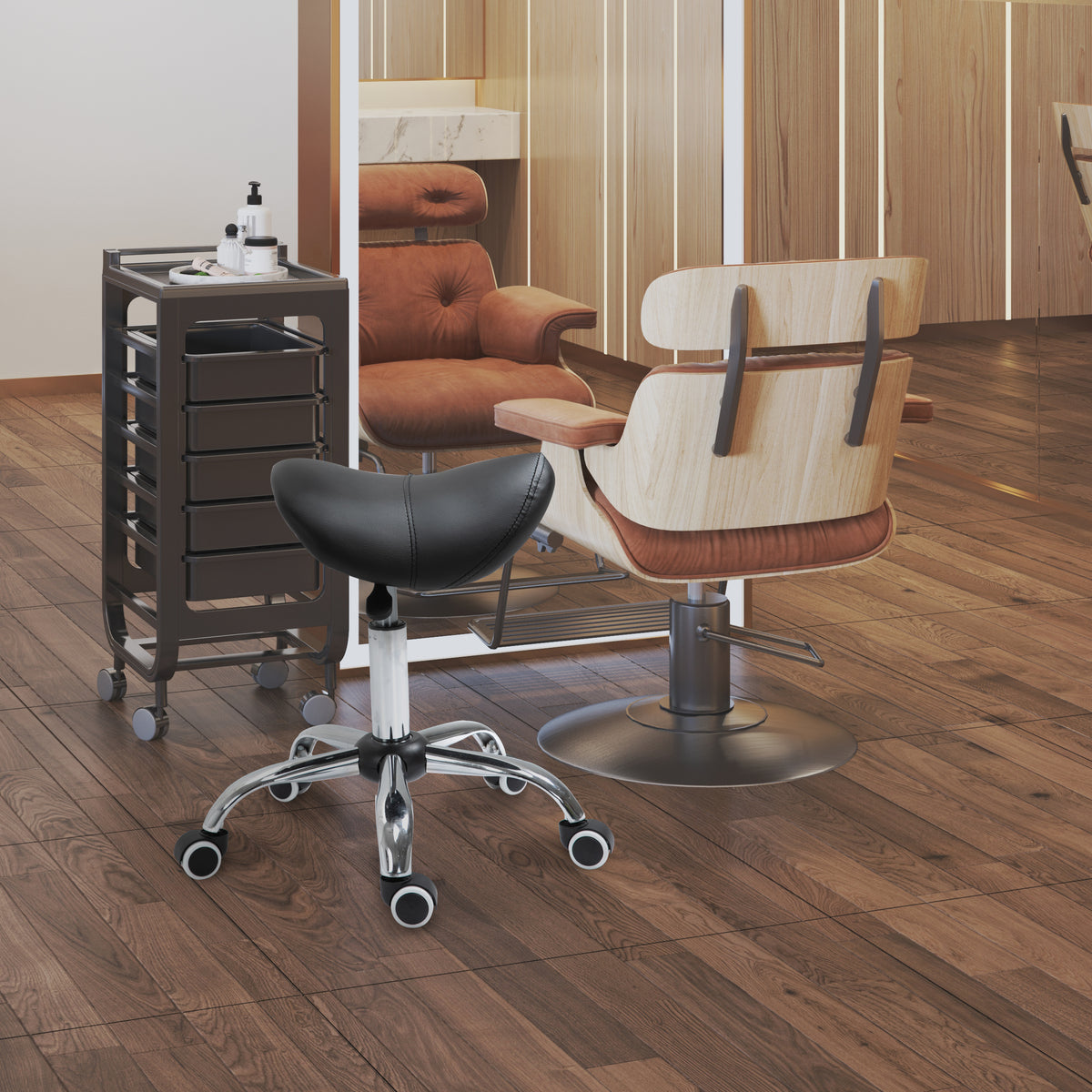 Height-adjustable rolling stool, swivel stool 49-61 cm, rotating work stool, saddle stool for office, salon (2)