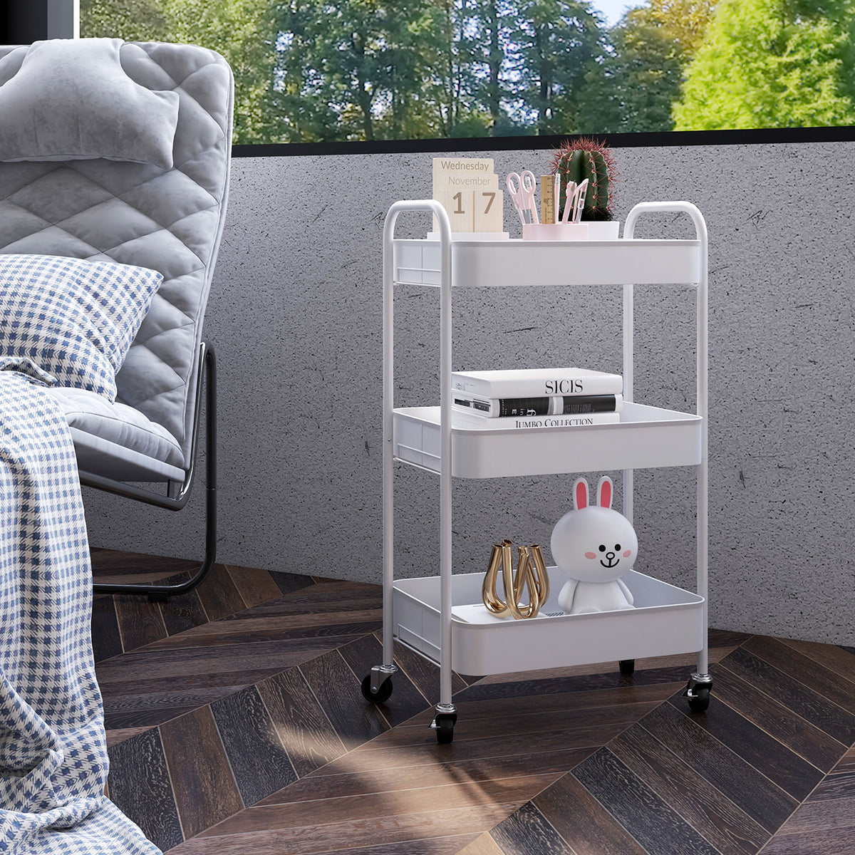 HOMCOM Mehrzweckwagen Rollwagen Küchenwagen, 3 Regale, 4 Rollen, 45 cm x 30,6 cm x 79 cm, Weiß – Produktabbildung 2