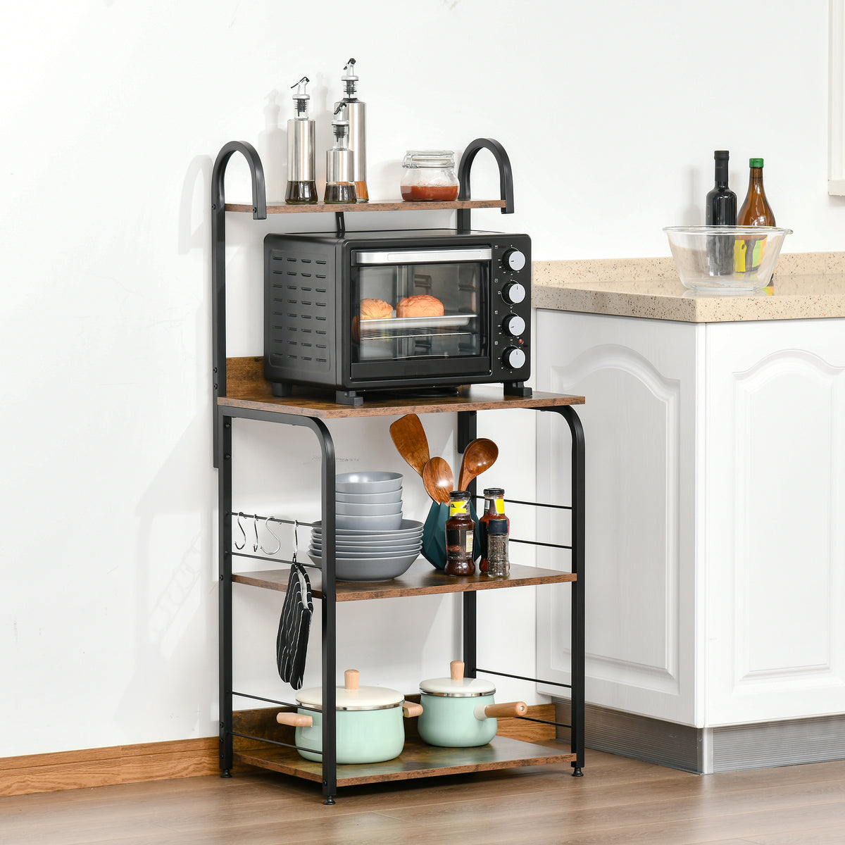 HOMCOM Küchenregal, Standregal mit 3 Ablagen, 4 Haken, Mikrowellenregal für Küche, Esszimmer – Produktabbildung 2