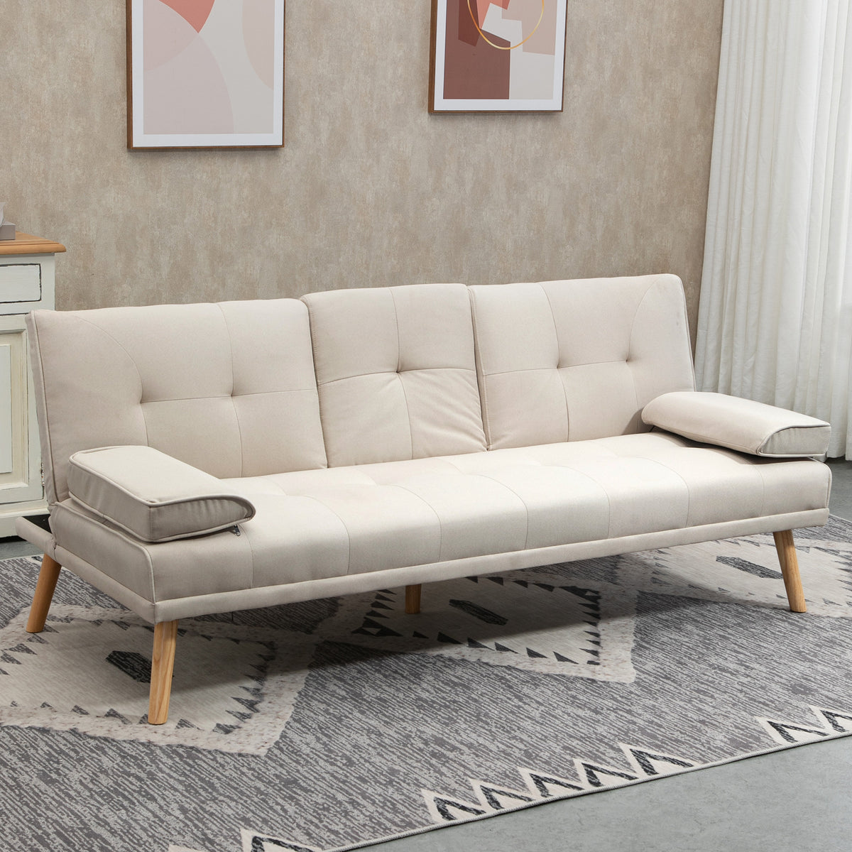 3-seater sofa bed, reclining backrest with folding table, two arm cushions, linen look, beige, 181 x 77 x 78 cm (2)