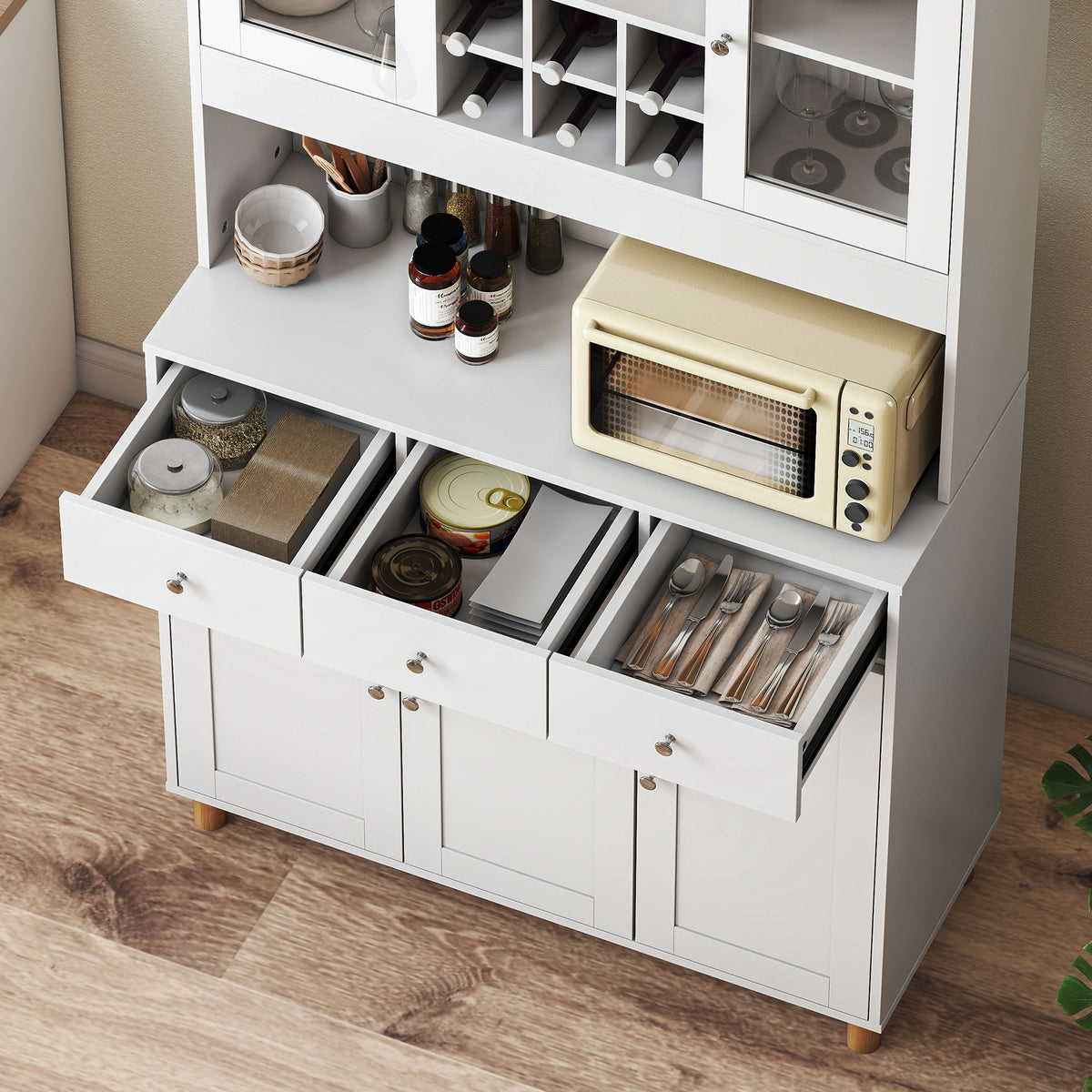 HOMCOM 180 cm Küchenschrank, 2 Glastüren, 3 Schubladen, 4 verstellbare Regale, Esszimmerschrank – Produktabbildung 9