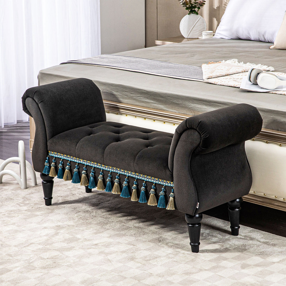Upholstered bench, bench seat, vintage design, up to 150 kg, 117x40x58 cm, dark grey (2)
