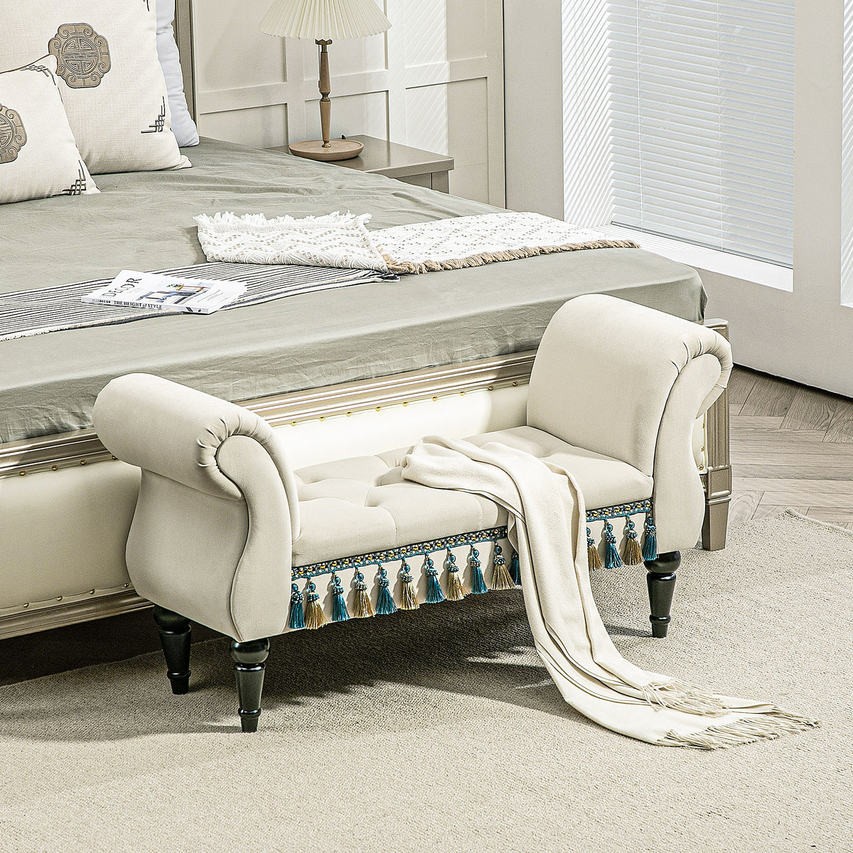 Upholstered bench, bench seat, vintage design, up to 150 kg, 117x40x58 cm, beige (2)
