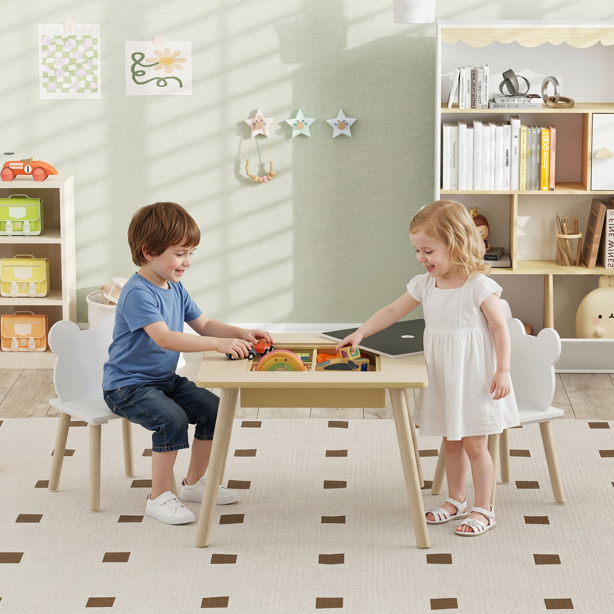 Children's table with 2 chairs, children's table and chair set with storage and bear-shaped backrest for (2)