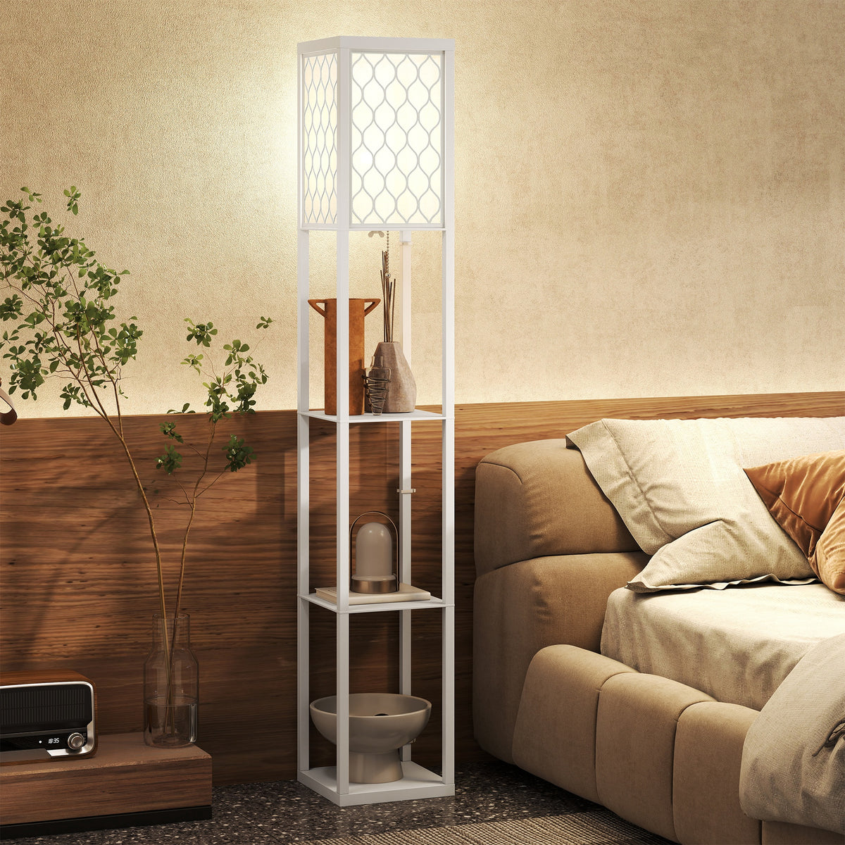 HOMCOM Stehlampe mit Regal, 3 Fächer, kompakte Maße, MDF, Weiß – Produktabbildung 2