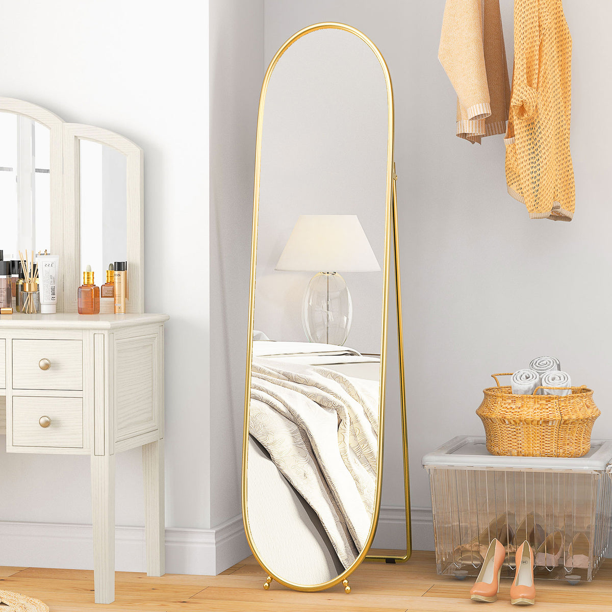 HOMCOM Ganzkörperspiegel, ovale Form, freistehend, Metallrahmen, 40x160cm, Farbe: Gold – Produktabbildung 2