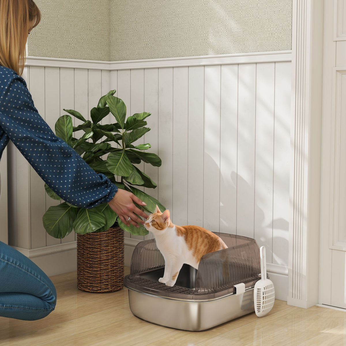 Stainless steel cat litter box, high-sided litter tray, basin, includes scoop, for large cats, 53x42x27cm (2)