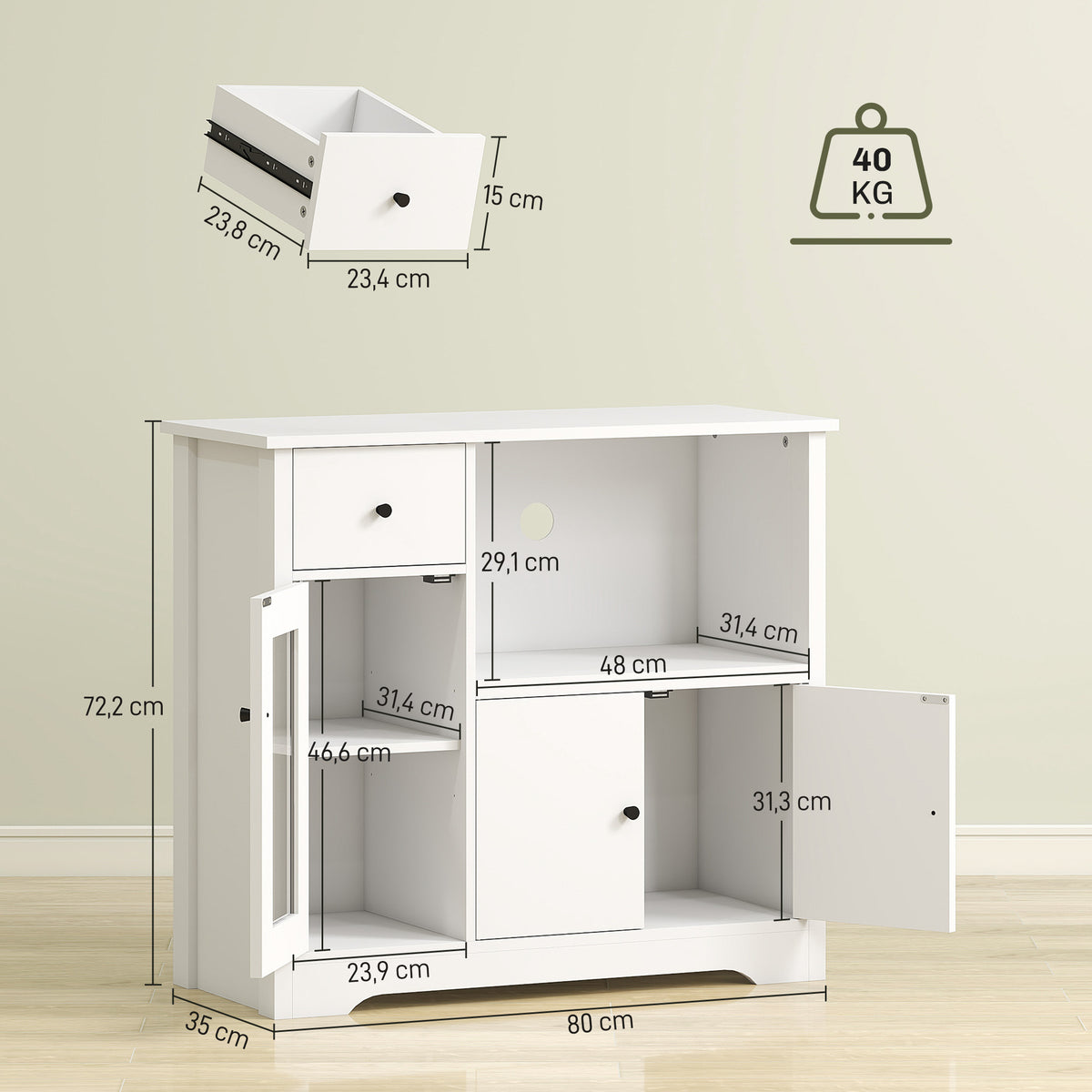 HOMCOM Küchenschrank mit Kabelloch, Kommode mit 2 Schränken, offenes Fach, Schublade, 80 x 35 x 72,2 cm – Produktabbildung 3