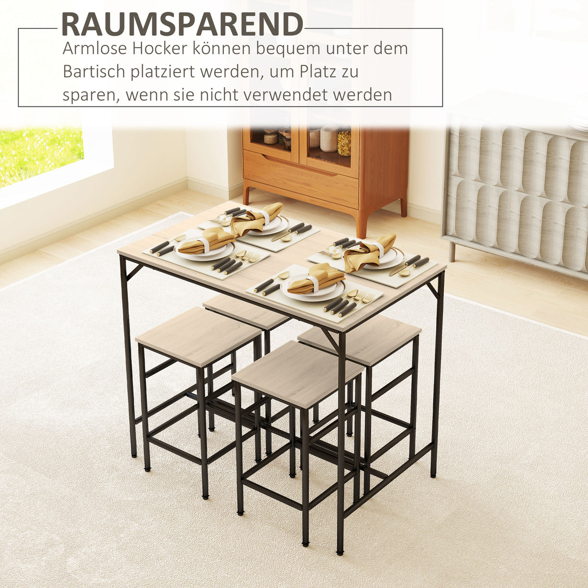 Bar table set, high table with 4 bar stools, 5-piece table set, steel/oak (4)