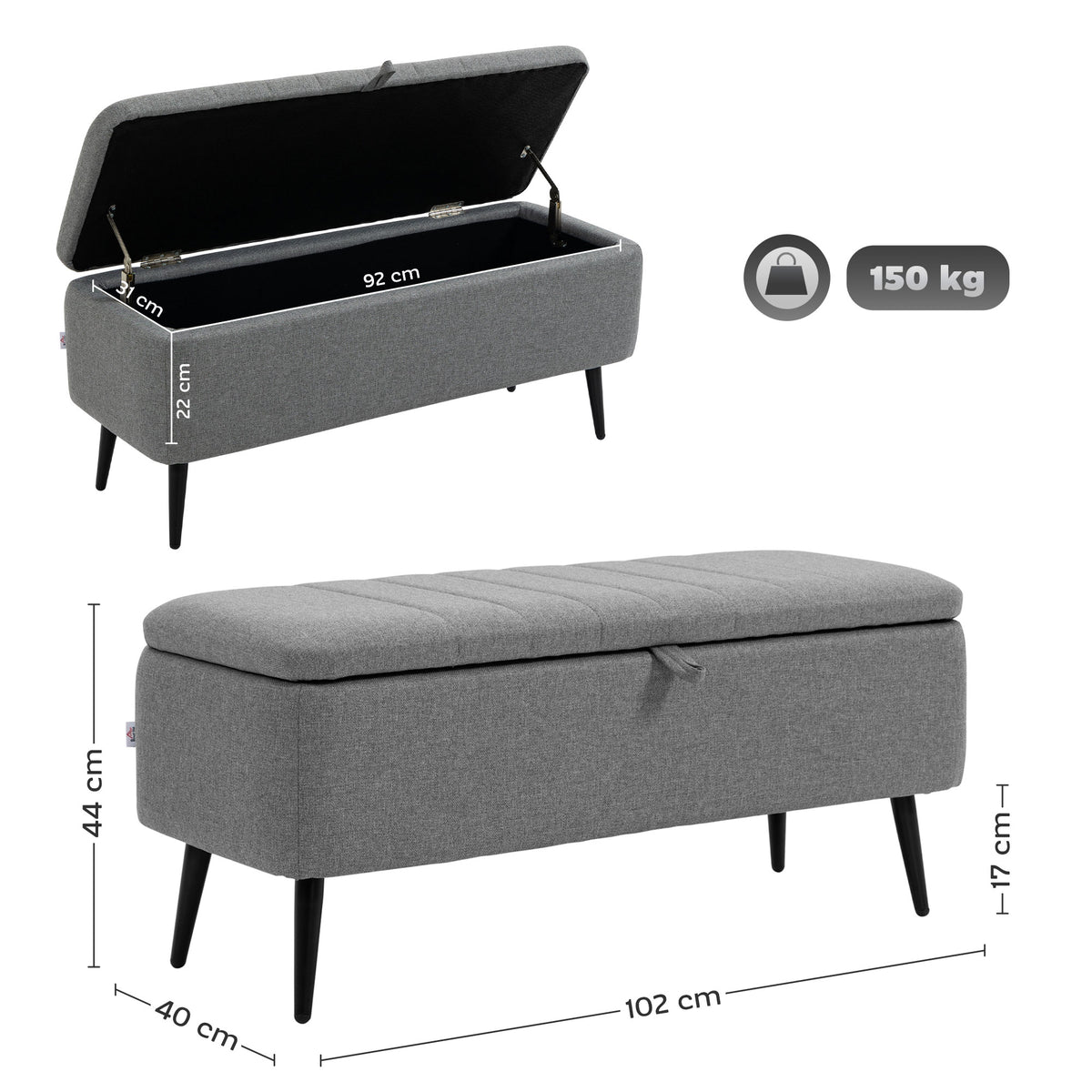 HOMCOM Sitzbank mit Stauraum Polsterbank mit Leinenoptik, Sitztruhe mit Stahlbeine 102 x 40 x 44 cm – Produktabbildung 3