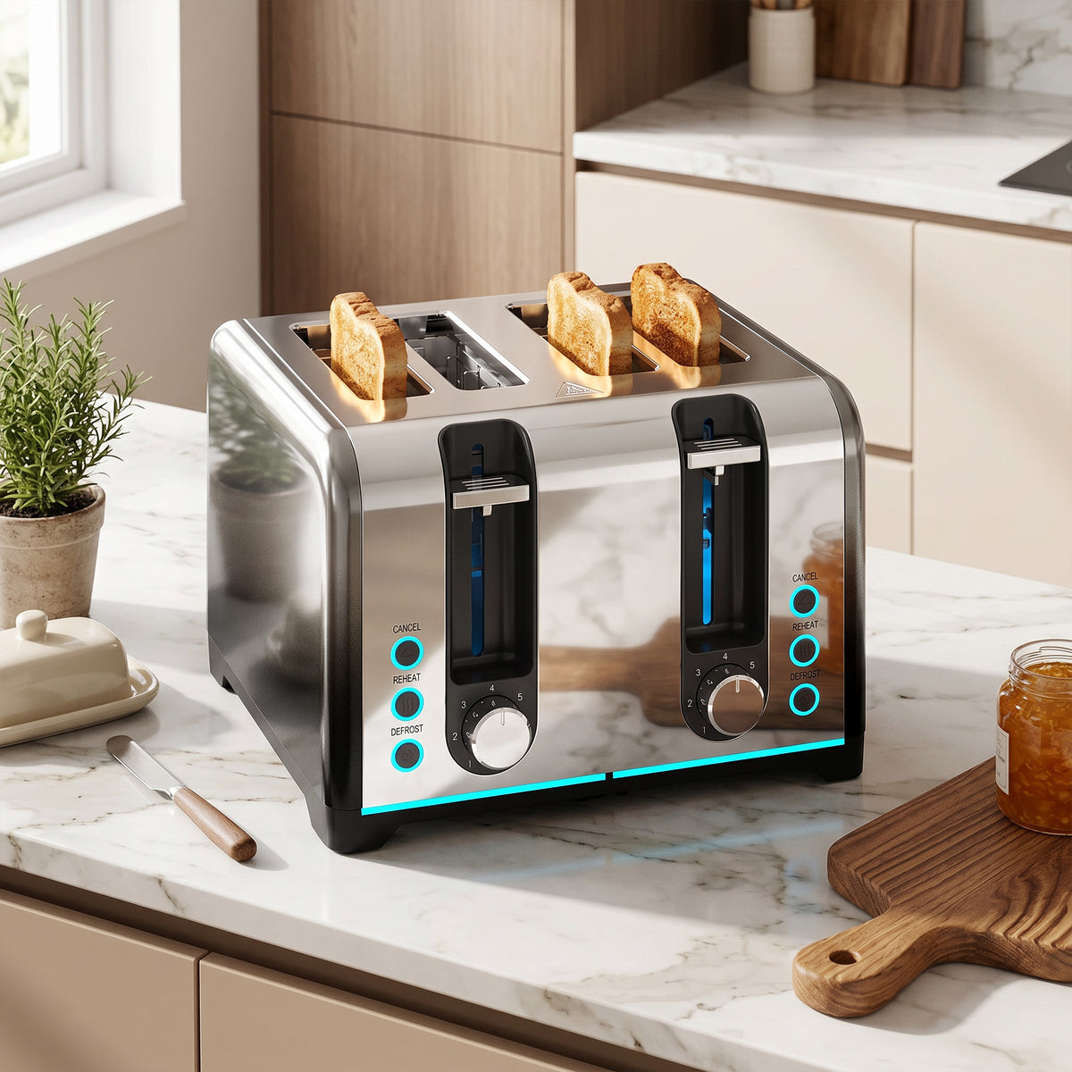 HOMCOM 4-Scheiben-Toaster mit 7 Bräunungsstufen, Aufwärm-, Auftau- und Abbruchfunktion – Produktabbildung 2