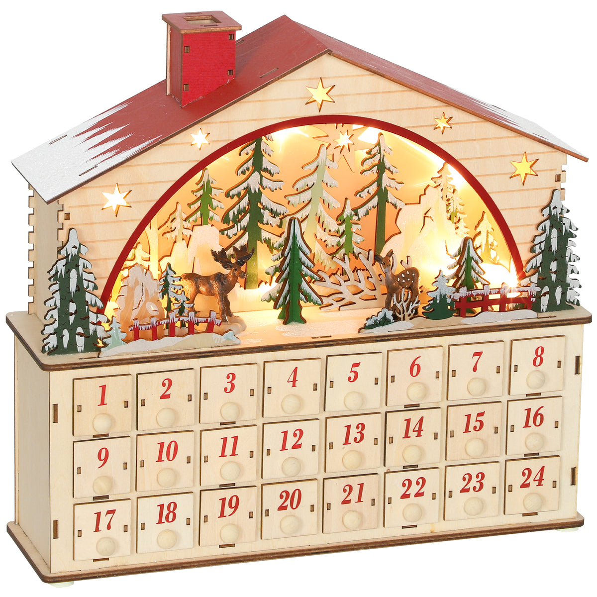 HOMCOM Adventskalender zum Befüllen 24 Schubladen Fächer Weihnachtskalender mit LED-Lichtern Naturholz 36 x