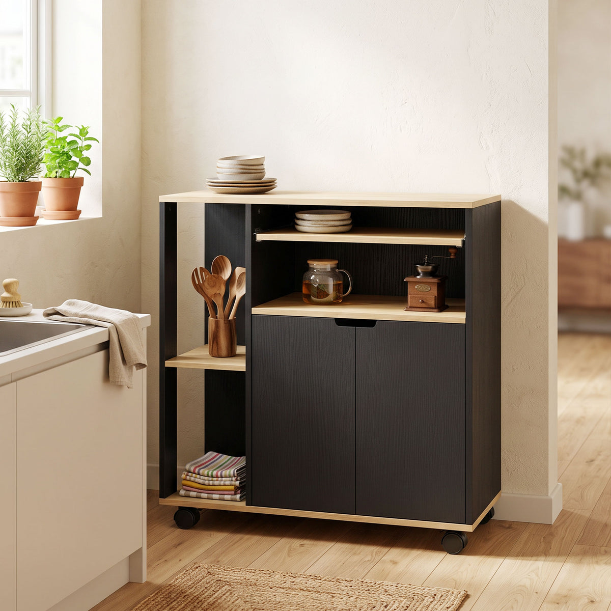 HOMCOM Rollender Küchenwagen mit Stauraum, Schrank, verstellbare Regale, für Küche, Wohnzimmer – Produktabbildung 2