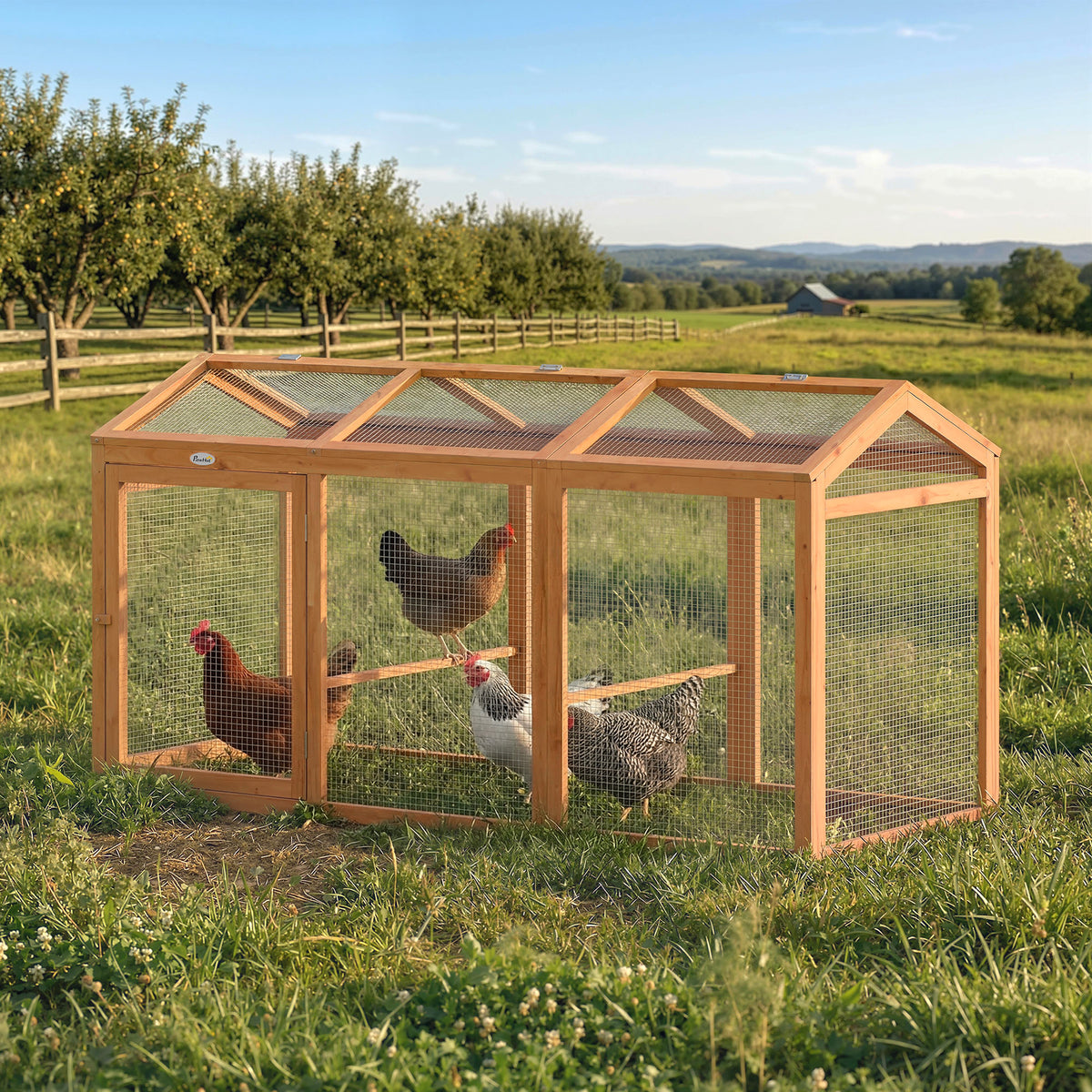 PawHut Hühnerstall Freilaufgehege mit Sitzstange Doppeltüren, aus Holz und Metall, für 4 Hühner, 156 x – Produktabbildung 2