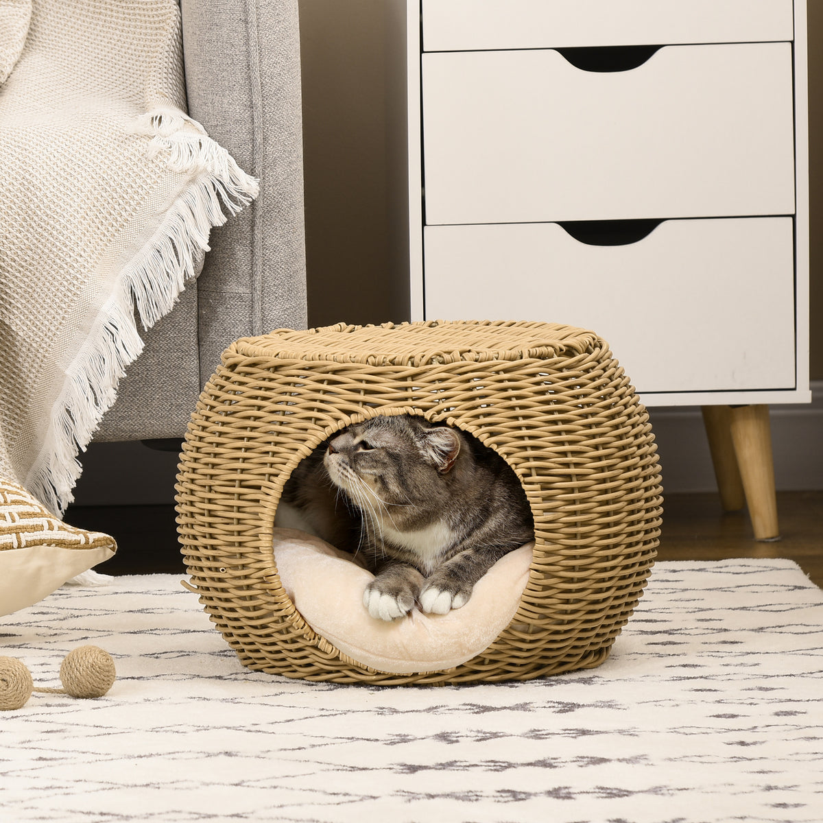 Two-tier rattan cat basket, cat bed, small cat bed with cushion and front door, for cats under 3.5 kg, Ø40 x 30 (2)