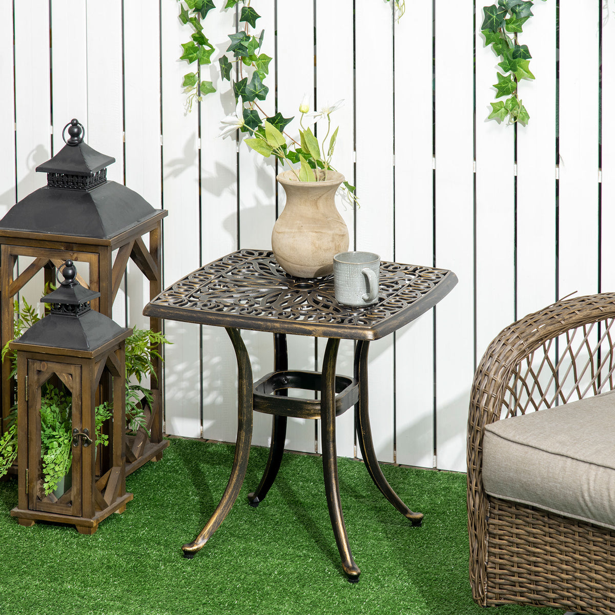 Garden table, decorative vintage design, with parasol hole, cast aluminum, color: bronze, 54 x 54 x 52.5 cm (2)