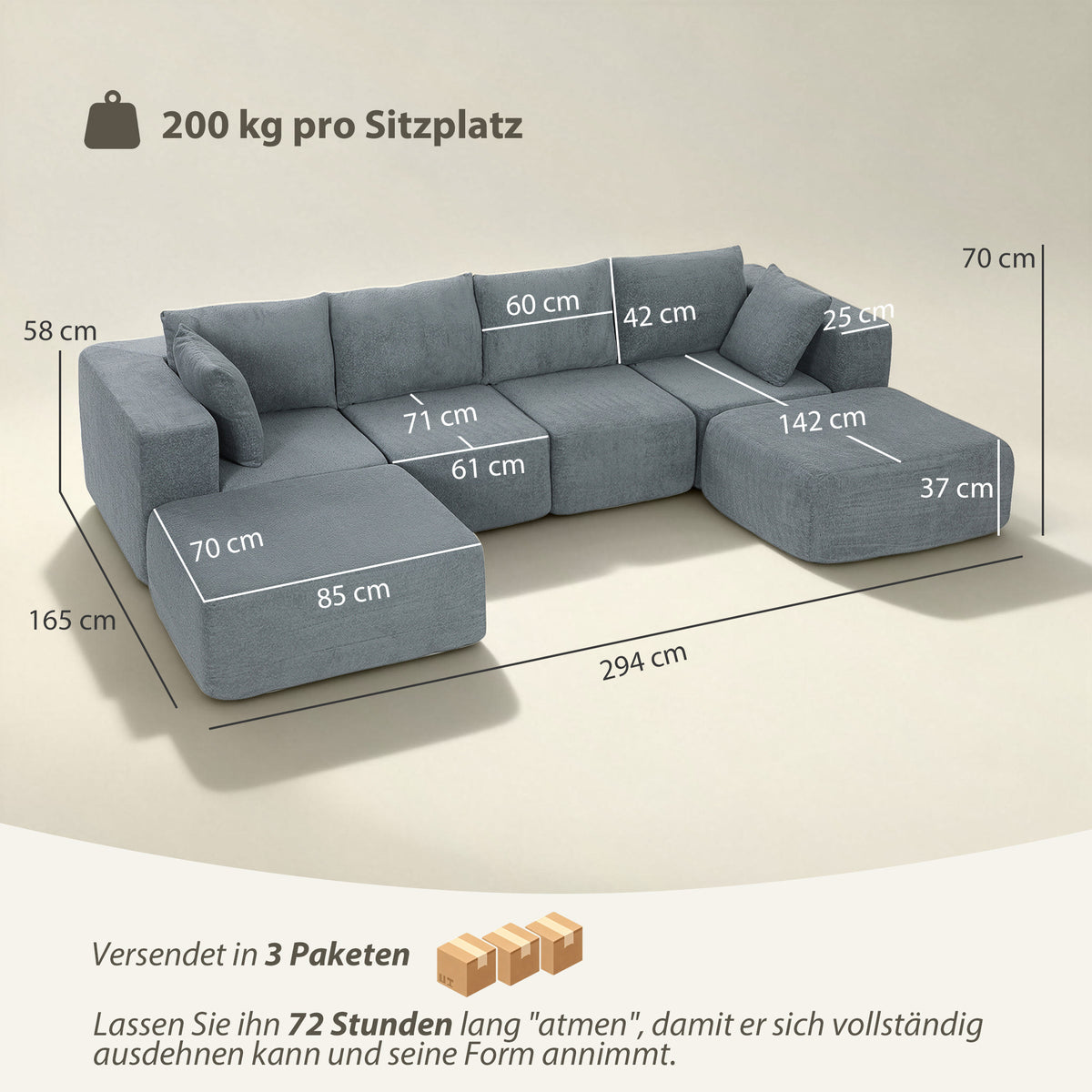Modular corner sofa, U-shape sofa with wide and deep seat, 2 ottomans, dark gray (3)