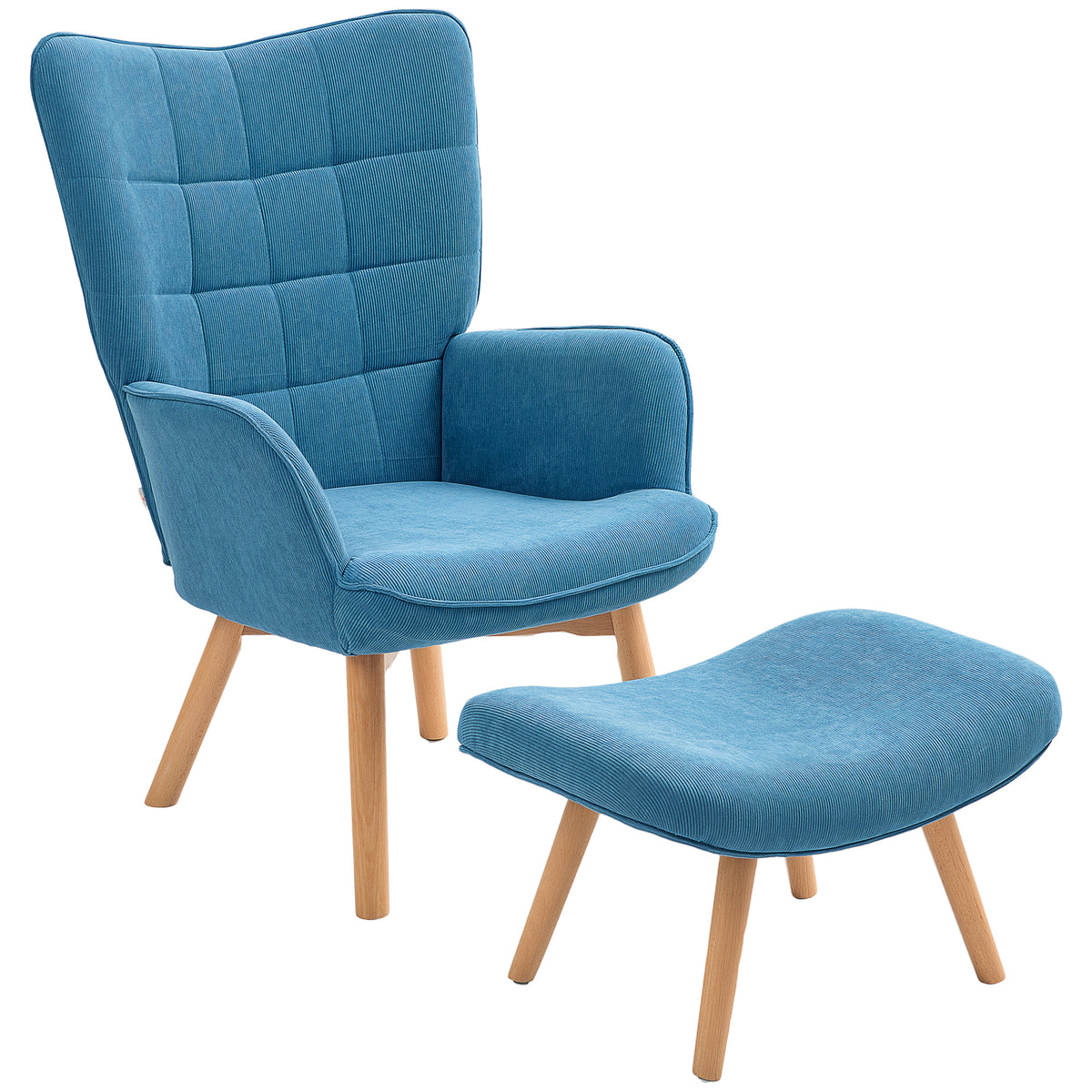 Accent chair with ottoman, corduroy-look recliner, armchair with wooden legs, for living room, blue