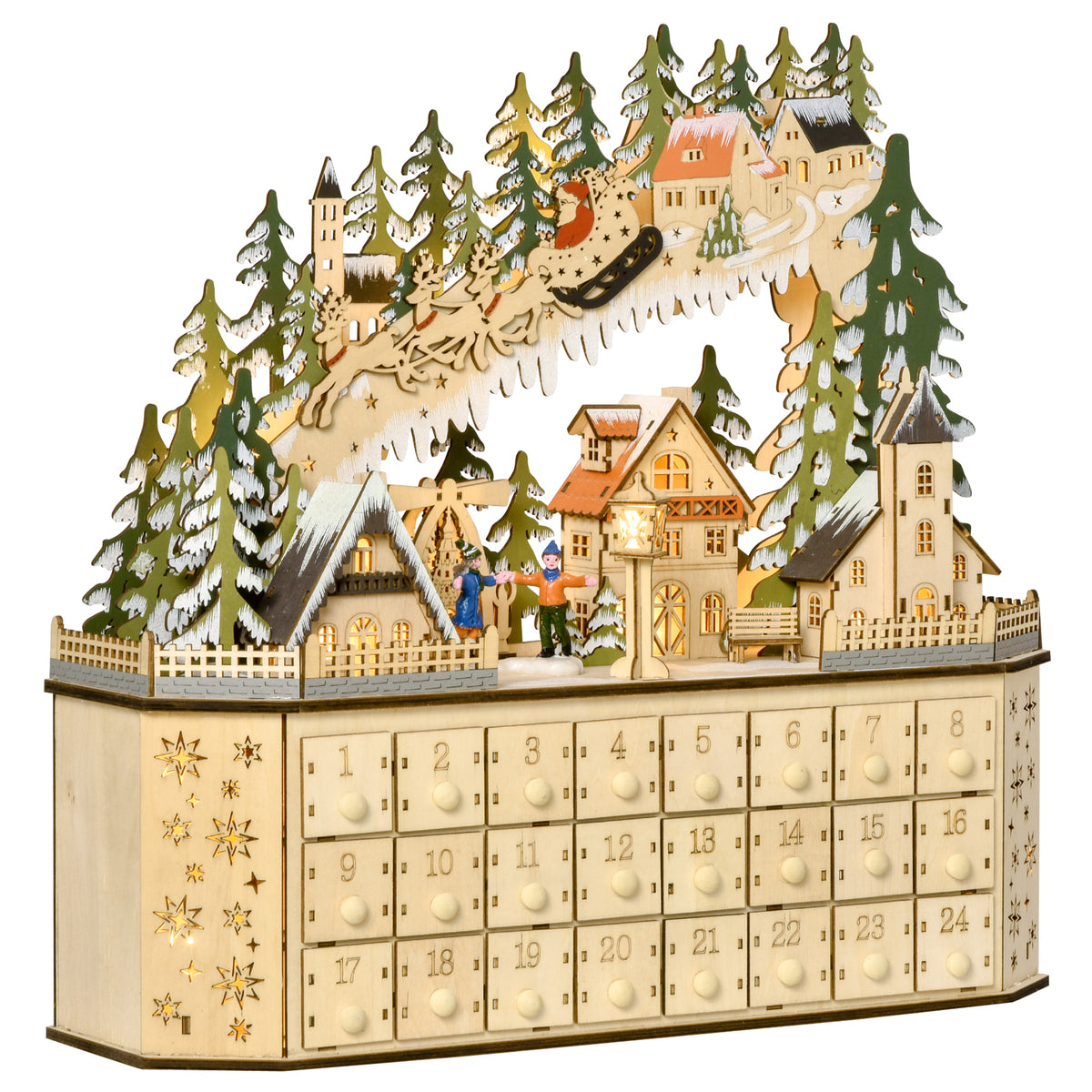 HOMCOM Adventskalender Weichnachtsdekoration Weihnachtsdeko, 24 Schubladen, LED-Lichter, 39 cm x 9 cm x 42