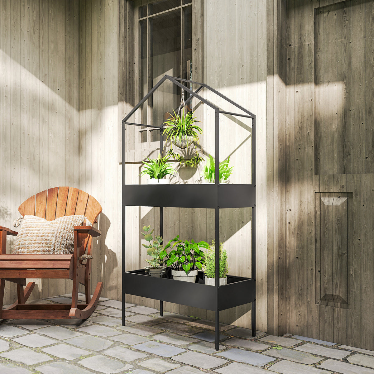 Outsunny 2-Etagen Pflanzenständer in Hausform, 150 cm hoch Blumenständer mit Haken, Metall Schwarz – Produktabbildung 2