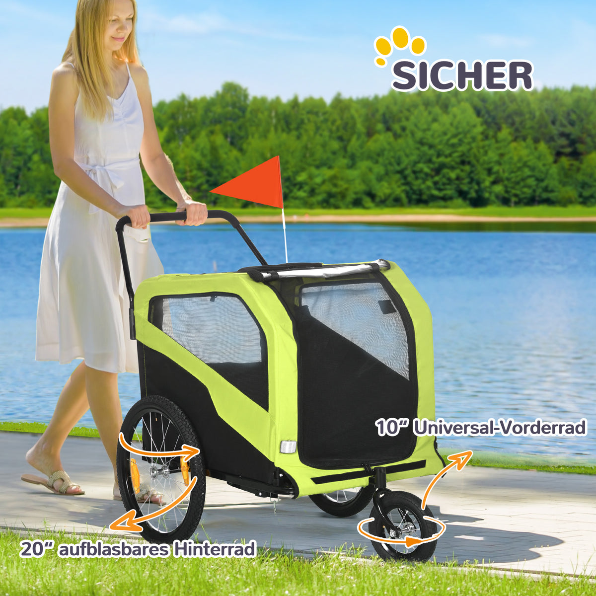 PawHut 2in1 Hundeanhänger, Schiebefunktion, 2 Eingänge, Netzfenster, Sonnenschutz, Stahlrahmen, grün – Produktabbildung 7