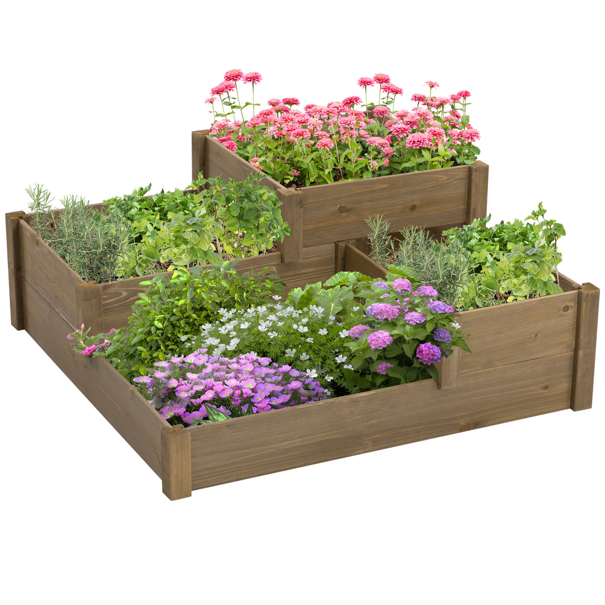 Outsunny Hochbeet, 4 Pflanzgefäße auf 3 Stufen, wetterbeständig, Massivholz, 122 cm x 122 cm x 51 cm, Natur