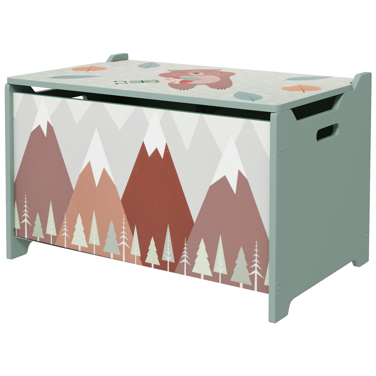 Storage box, toy chest, hinged lid, cute design, green