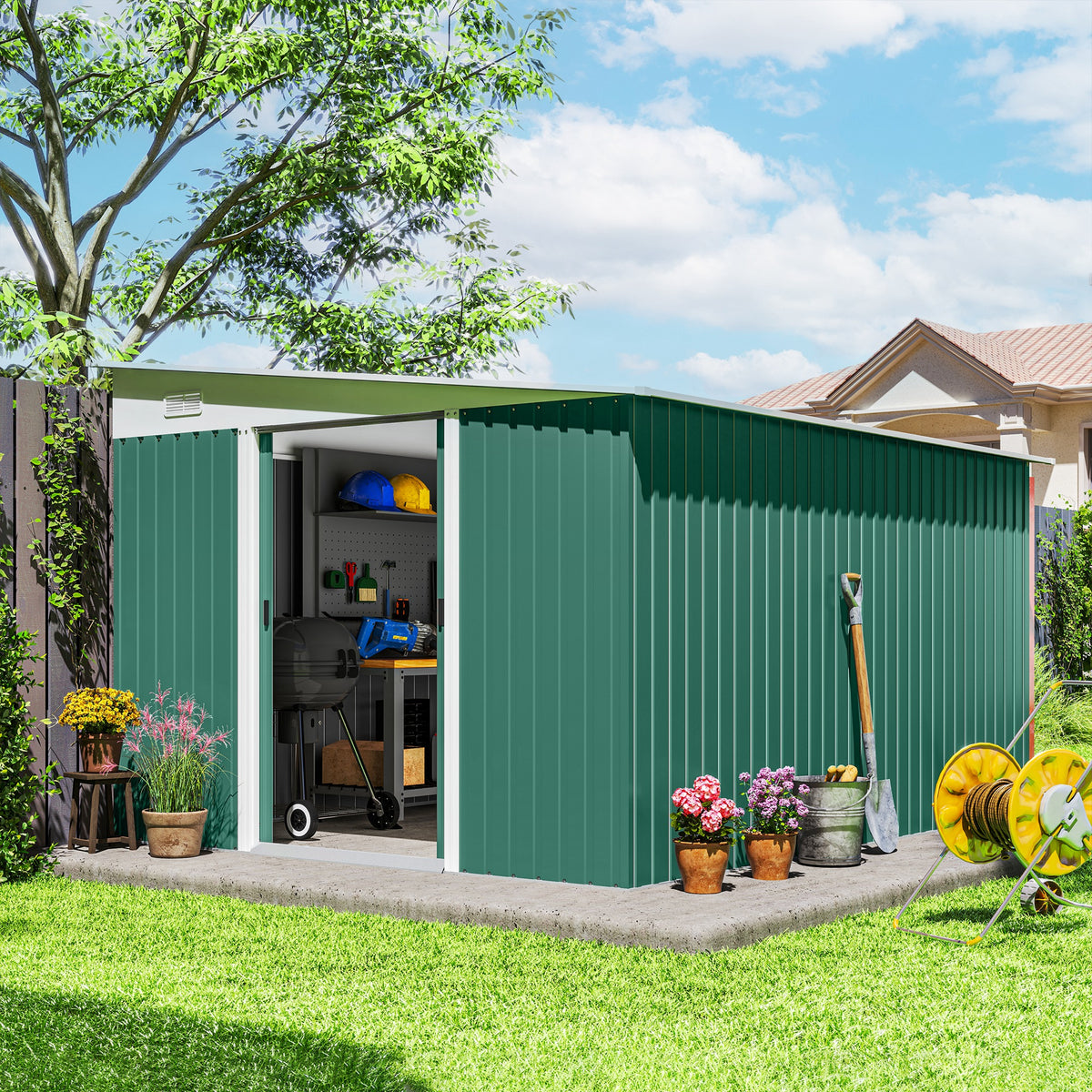 Metal tool shed, pent roof, lockable double door, 2.8 x 3.45 x 2.01m, green (2)