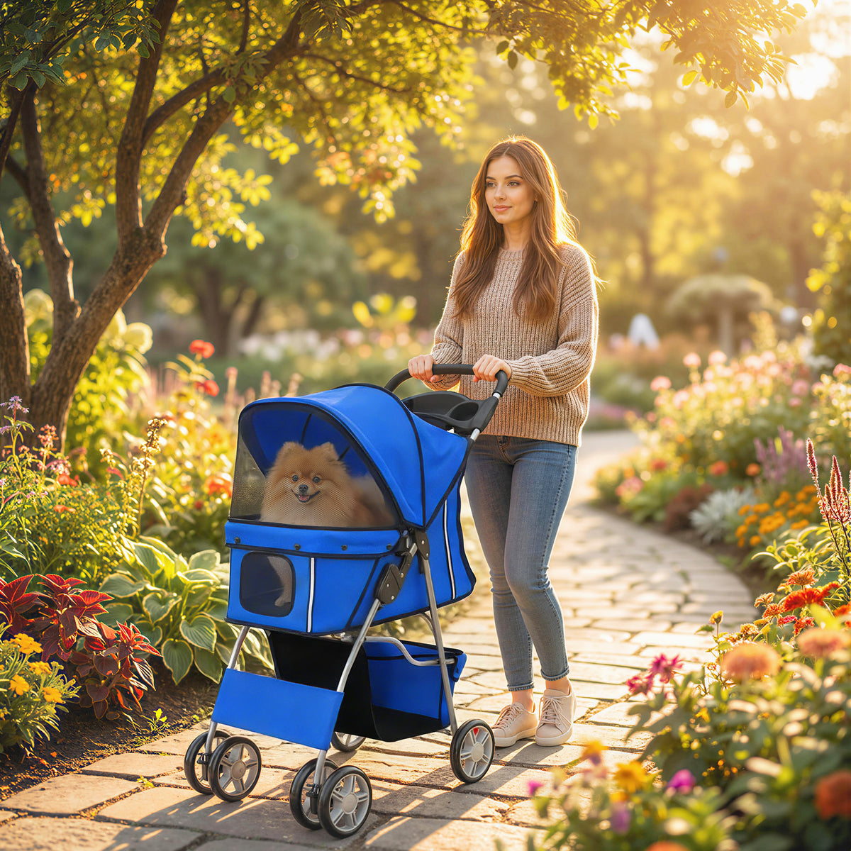 Dog Stroller Foldable Cat Stroller up to 10kg with Rain Cover Reflective Strips Storage Basket 77x44x102cm Blue (2)