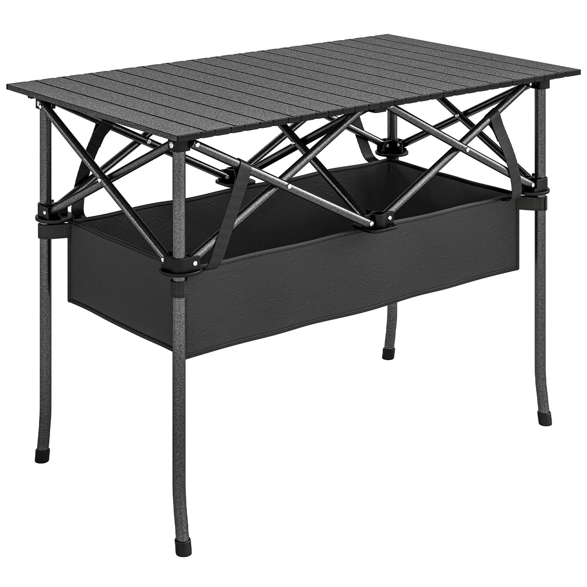 Foldable rolling picnic table, portable camping table with mesh shelf and carrying bag for outdoor use, black