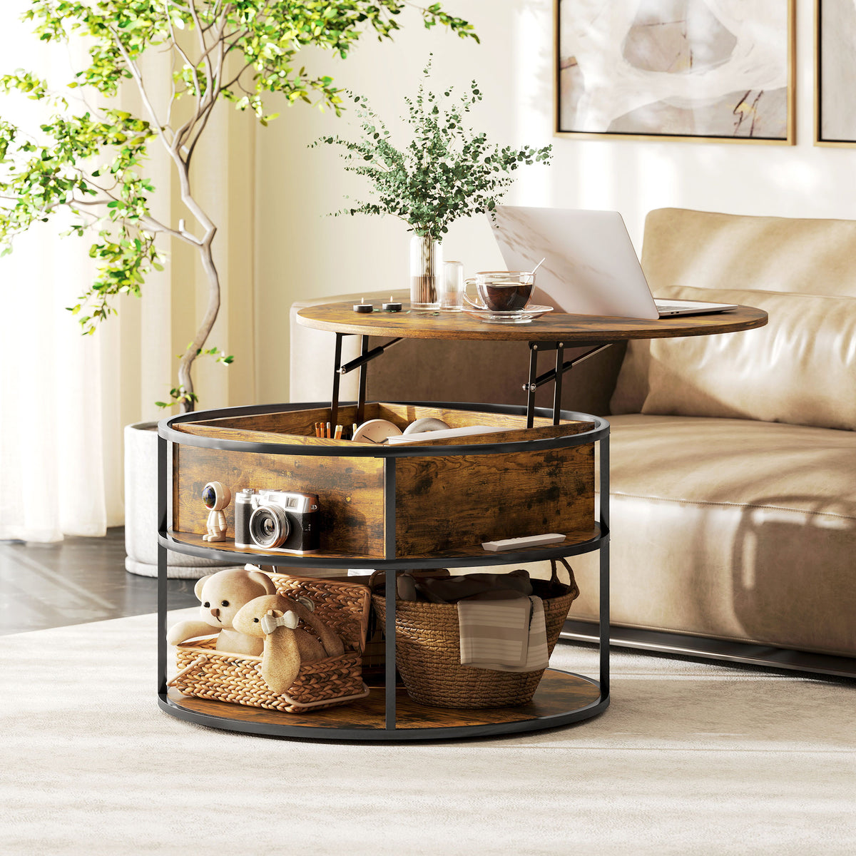 Round coffee table with lift-top, storage compartment, side shelves, steel frame, coffee table, brown (2)
