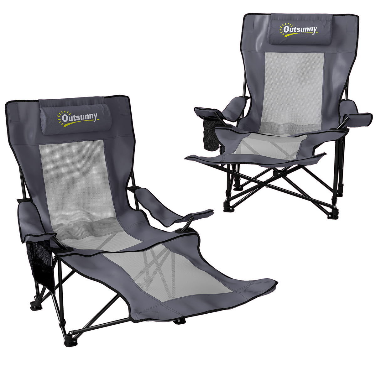 Set of 2 foldable camping chairs, fishing chair with adjustable backrest, footrest, cup holder, and headrest