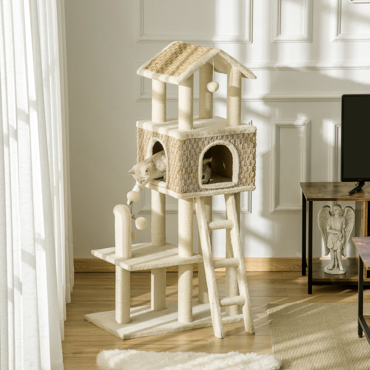 mit Katzenhöhle inkl. Spielzeug Sisal Plüsch Khaki + Beige + Kaffee – Produktabbildung 2