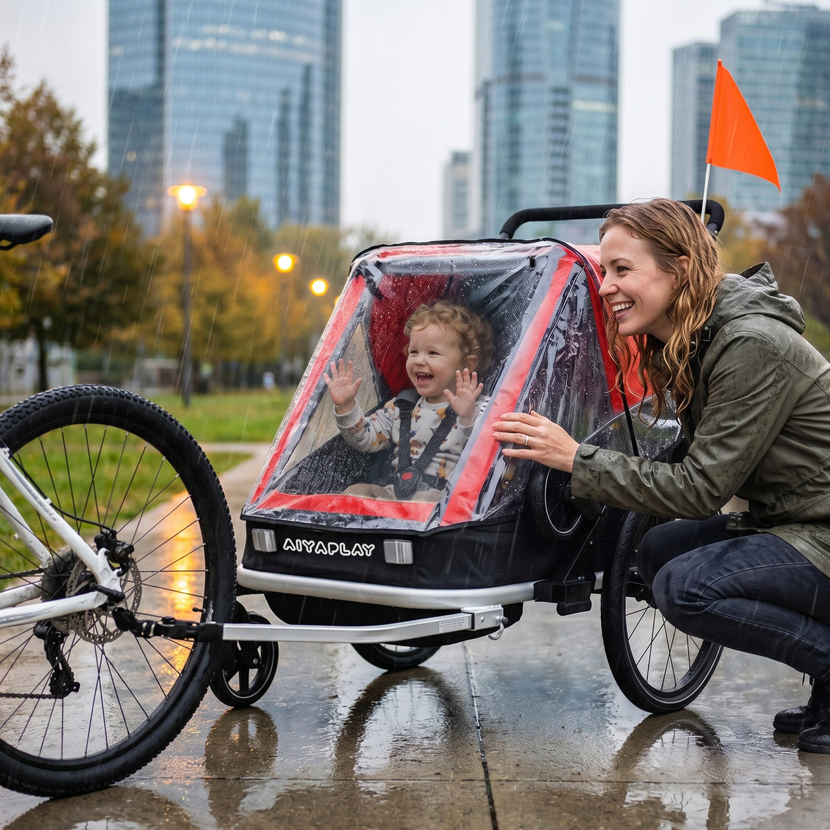 Child bicycle trailer, 2-seater, 2-in-1 foldable children's bike trailer with adjustable seat and harnesses, red (2)