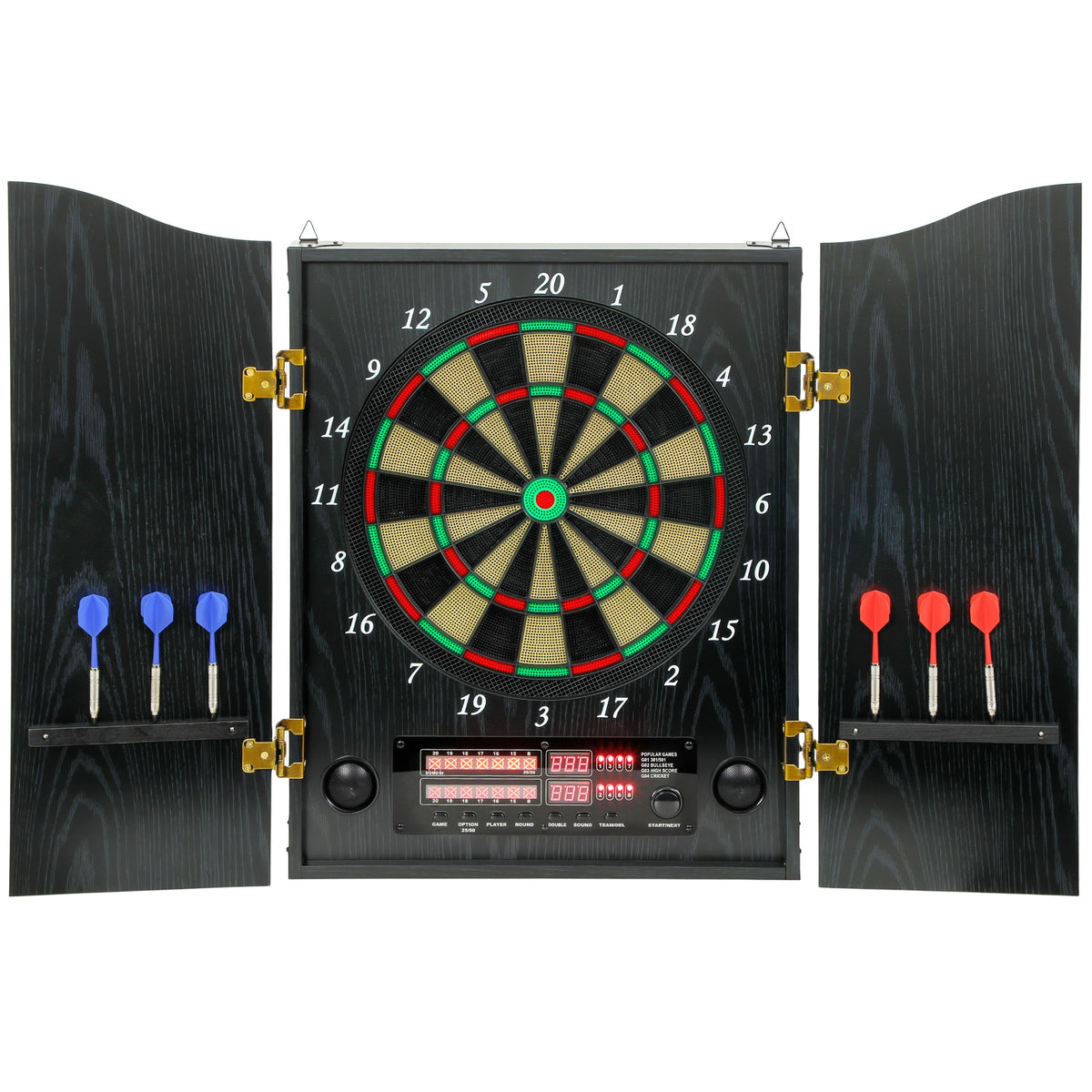 Elektronische Dartscheibe E Dartboard mit Türen Holzoptik LED Anzeige Sprachansagen 6 Dartpfeile, 24