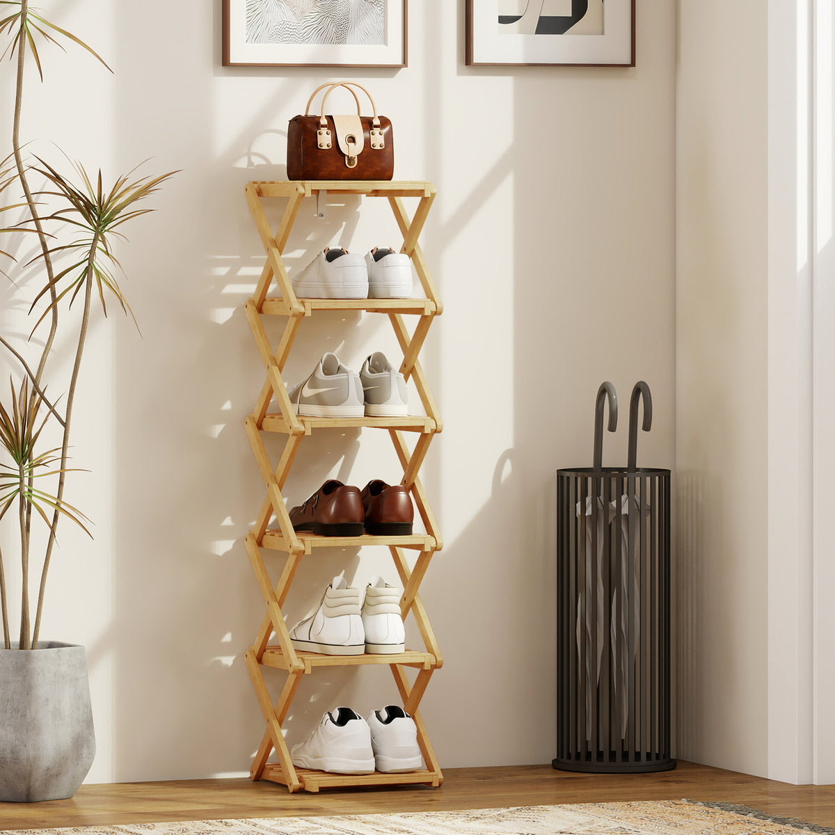Shoe rack, foldable 6-tier bamboo shoe stand, for max. 9 pairs of shoes, 30 x 29 x 108 cm, natural (2)