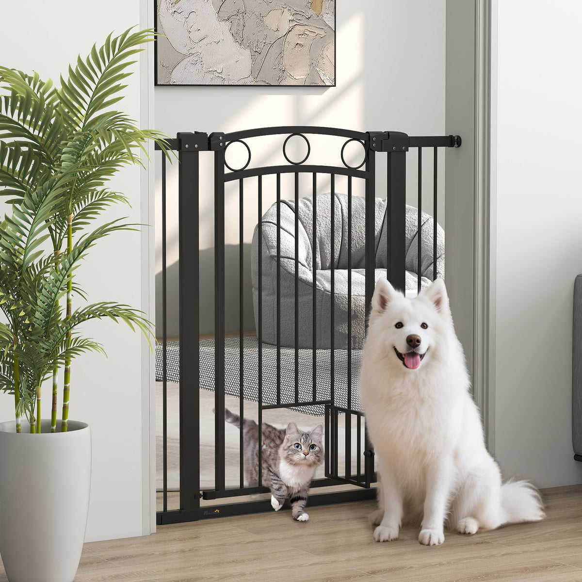 PawHut 106 cm hohes Haustiergitter mit anpassbarer Breite, integrierte Katzentür, für Treppen und – Produktabbildung 2