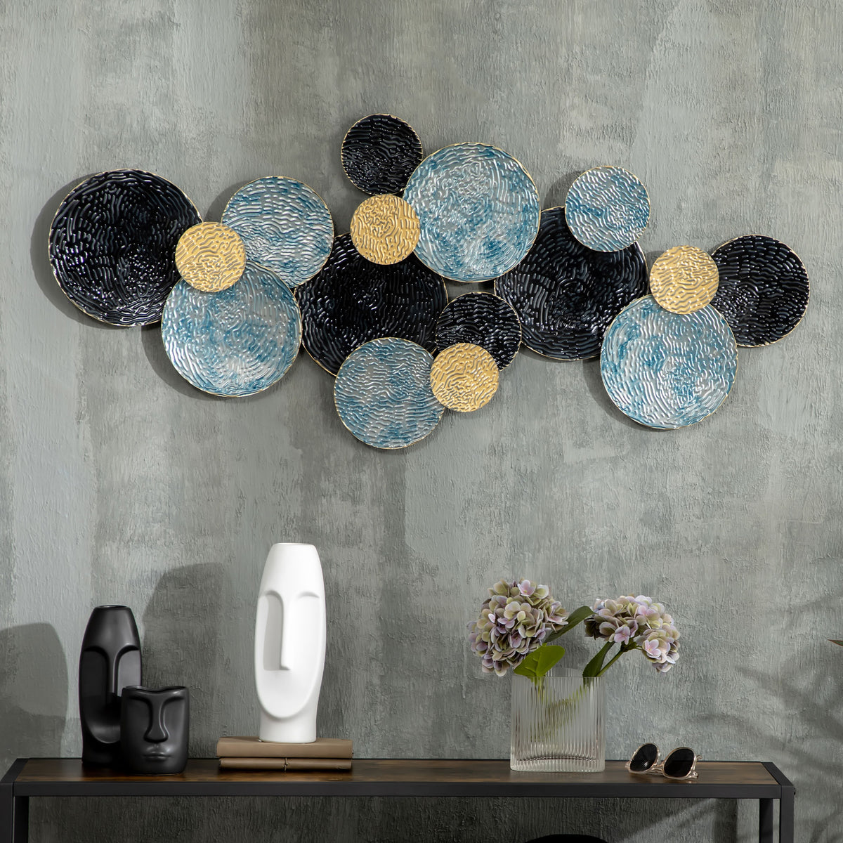 3D wall decoration with circles 121 cm x 4 cm x 53 cm metal blue + black (2)