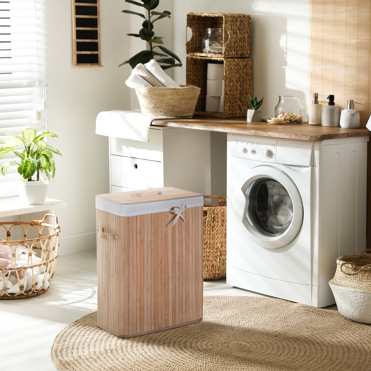 HOMCOM Wäschekorb schmal mit Deckel Wäschesammler 72L mit Griff für Waschküche Schlafzimmer Natur – Produktabbildung 2