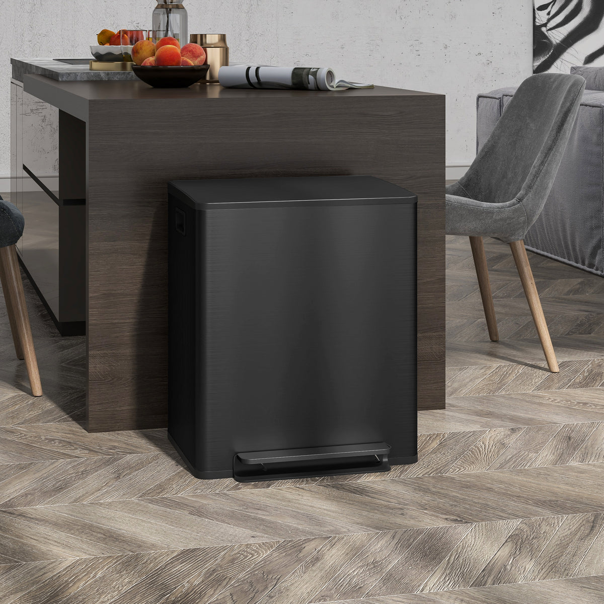 HOMCOM Mülleimer mit 2x25L Fächern, Soft-Close-Deckel, Fingerabdrucksicher, Edelstahl, Schwarz – Produktabbildung 2