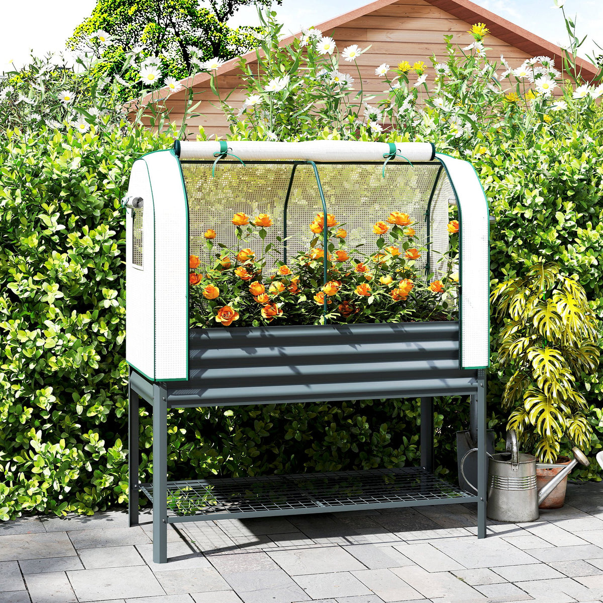 Outsunny Hochbeet mit Frühbeetaufsatz aus Metall Pflanzkasten mit Gewächshaus Ablagefach, Erhöht 120 x – Produktabbildung 2