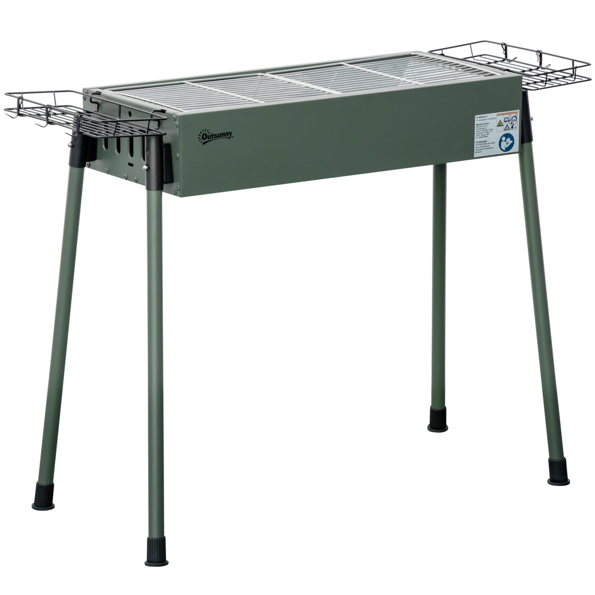 Charcoal grill, 2x grill grate, 1x coal grate, 2x side basket, stainless steel, dark green, 94 x 39 x 70 cm