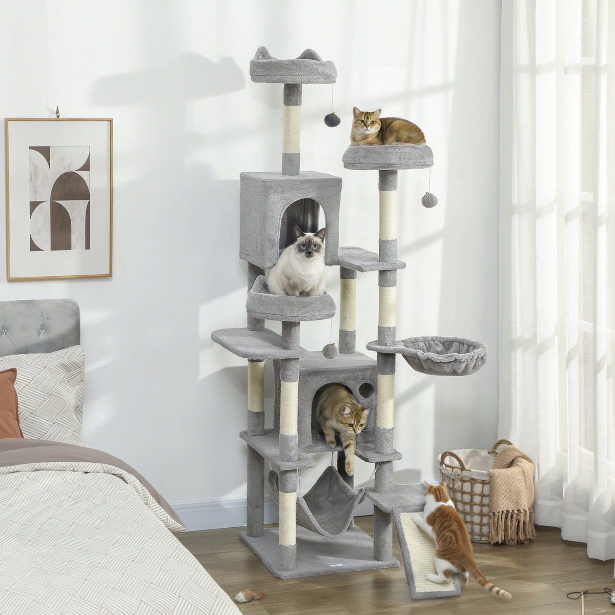 PawHut Kratzbaum 192 cm Katzenturm mit Höhle, Sisalstämme, große Plattform, Hängematten Rampe für 2-3 – Produktabbildung 2