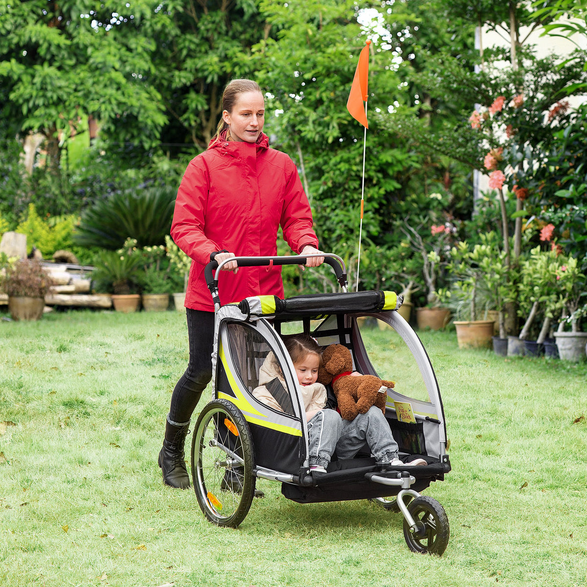 2-in-1 bike trailer for 2 children, jogging function, rain cover, brake, yellow (2)