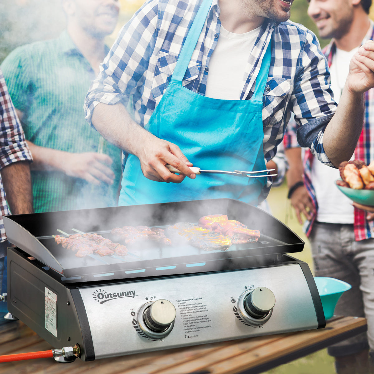 2-burner gas grill, hose, non-stick griddle, stainless steel, color: silver, 48.5 x 48 x 21 cm (2)