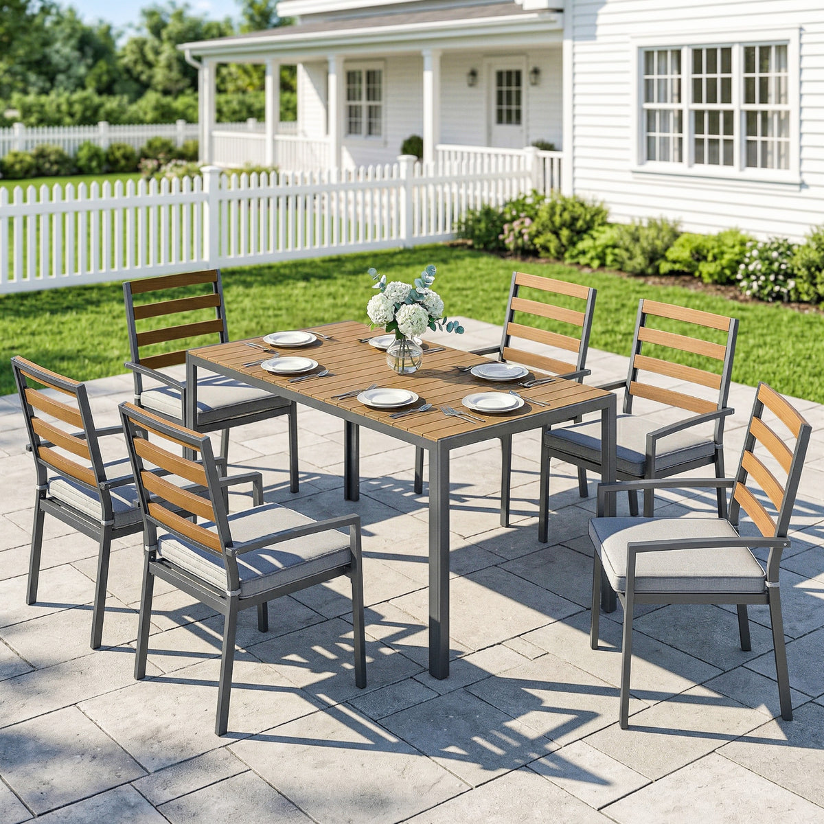 Outsunny Gartenessgruppe für 6 Personen Gartengarnitur mit 1 Esstisch, 6 Stühlen, Kissen für Terrasse – Produktabbildung 2